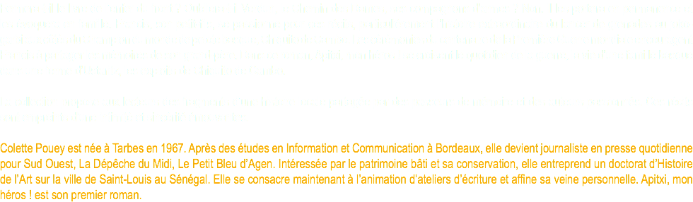 Fermera-t-il le livre de l’enfer du front ? Oubliera-t-il Verdun, le Chemin des Dames, ses compagnons d’armes ? Non. Il les portera en permanence et les évoquera en famille. Francis, son petit-fils, se passionne pour ces récits, particulièrement l’histoire extraordinaire du lancer de grenades au joko-garbi aux côtés du Champion du monde de pelote basque, Chiquito de Cambo. Les cérémonies du centenaire de la Première Guerre mondiale encouragent Francis à partager les mémoires de son grand-père. Dans ce roman, Apitxi, mon héros ! se croisent le quotidien de la guerre, la vie d’une famille basque dans une ferme d’Ustaritz, les exploits de Chiquito de Cambo. La collection propose aux lecteurs des fragments d’une histoire locale partagée par des passeurs de mémoire et des auteurs passionnés. Ces récits sont empreints d’une intimité et sincérité émouvantes. Colette Pouey est née à Tarbes en 1967. Après des études en Information et Communication à Bordeaux, elle devient journaliste en presse quotidienne pour Sud Ouest, La Dépêche du Midi, Le Petit Bleu d’Agen. Intéressée par le patrimoine bâti et sa conservation, elle entreprend un doctorat d’Histoire de l’Art sur la ville de Saint-Louis au Sénégal. Elle se consacre maintenant à l’animation d’ateliers d’écriture et affine sa veine personnelle. Apitxi, mon héros ! est son premier roman.